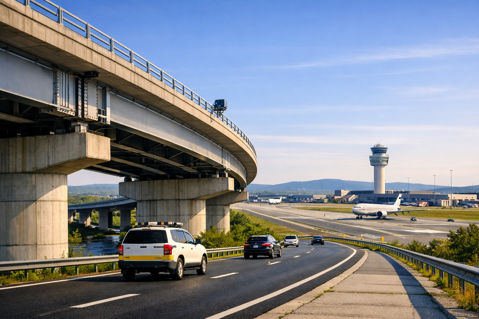 Road and airport infrastructure — viaduct and air traffic control tower
